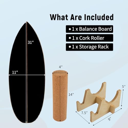 Goplus Balance Board Trainer for Adults, Wooden Balancing Board with Cork Roller and Storage Rack to Exercise and Build Core Strength, Wobble Board for Skateboard, Snowboard