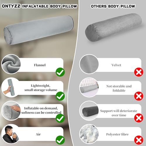 ONTYZZ Inflatable Long Body Pillow, Long Pillow for Bed, Oval Bolster Pillow for Good Sleeping and Back/Neck Support, 2pcs Grey