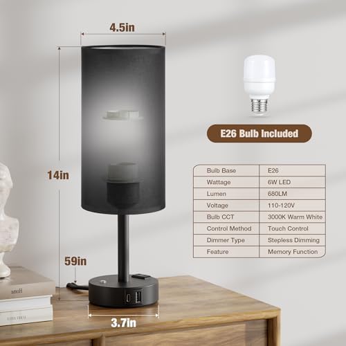 Black Touch Bedside Lamp for Bedroom, Stepless Dimmable, USB A+C, AC Outlet