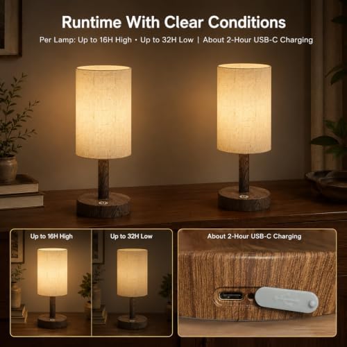 Small Rechargeable Cordless Table Lamp, Nightstand to Desk, Dark Walnut