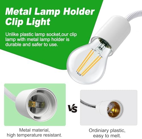 Clip on Desk Lamp, White Clip Lamp Holder with 220 CM Switch and Plug Cable, Clamp Light Socket with Metal Clamp, 9-350 MM Thickened Lengthened Gooseneck Light, E27 Lamp Holder, for Home Office