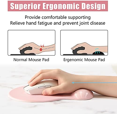 Hsurbtra Ergonomic Mouse Pad with Wrist Rest Support, Gel Mouse Pads with Non-Slip PU Base, Pain Relief Memory Foam Computer Mat, Cute Office Supplies Desk Decro Accessories, Pink