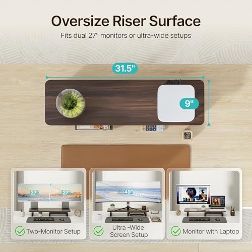 PEGZONE 31.5" Dual Monitor Riser, Metal Shelf Wooden Desk Organizer