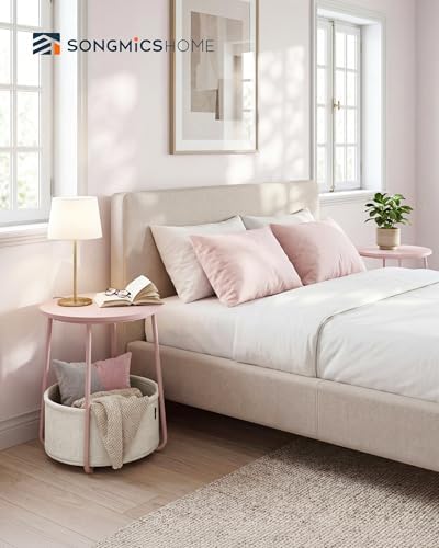 SONGMICS HOME Small Side Tables, Round End Tables, 2 Tier Nightstands with Basket, U Shaped Steel Legs, Easy Assembly, for Living Room, Bedroom, Set of 2, Pink and White