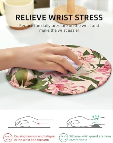 Lily Floral Mouse Pad Wrist Support Wrist Rest, Flower Ergonomic Mouse Pad with Non-Slip Base for Office Gaming Working Computers,Desk Accessories Pain Relief Mouse Mat, Green