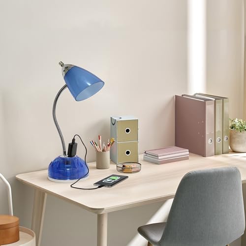 Simple Designs LD1015-CBL-LB 19.5" Flossy Organizer Desk Lamp with Charging Outlet Lazy Susan Base and LED Bulb, Blue