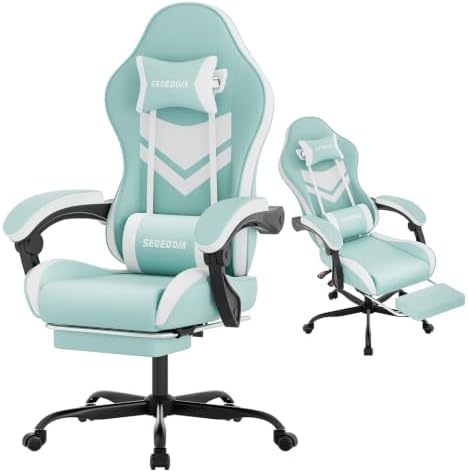 Gaming Chair with Footrest & Massage Lumbar Support, PU Leather Ergonomic High Back Swivel Height Adjustable Chair for Adults, Office Gaming, 300 lbs (Green White)