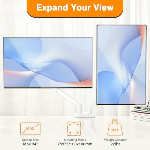 Dual Monitor Arms, Gas Spring Monitor Arms for 2 Monitors up to 34" Curved/Flat, 22lbs per Arm, VESA Mount 75x75 100x100mm, C-Clamp & Grommet Base, Adjustable Tilt/Swivel/Rotation White