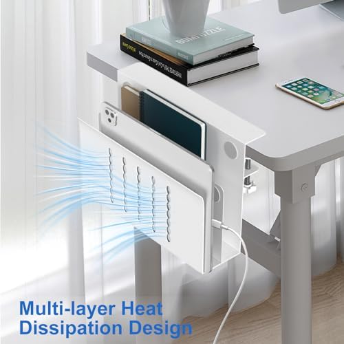 HAMOPY Desk Side Storage, 2 Tier Steel Hanging Desk Organizer with Magnetic Pen Holder, No Drilling Standing Desk Drawer Cable Management Tray, Under Table Laptop Holder for Office, School&Home(White)