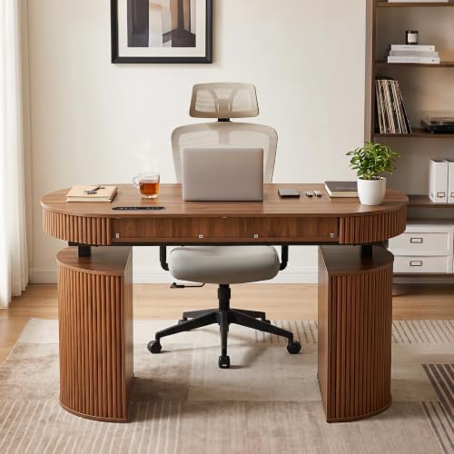 ORRD Electric Standing Desk with Storage and USB & Type-C Charging Ports, Adjustable Height Stand Up Desk, Mid Century Modern Fluted Workstation Desk for Home Office (Walnut)