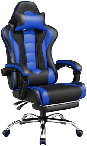 Yaheetech Gaming Chair with Footrest Massage Lumbar Pillow Black and Blue