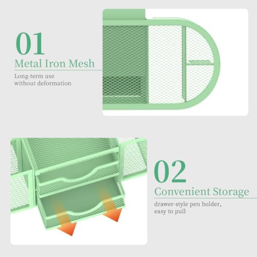 SUPEASY Mesh Desk Organizer, Pen Holder for Desk with 2 Drawers, MintGreen