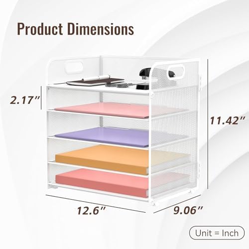 2 Pack 5-Tier White Desk Organizer with Handle Mesh Desk File/Paper Organizer Letter Tray for Office, School and Home Easy Installation