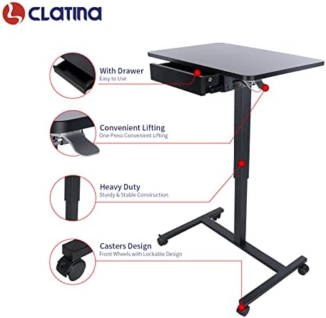 CLATINA Mobile Laptop Standing Desk, Height Adjustable Teacher Podium with Lockable Wheels, Adjustable Work Table with Drawer, Computer Cart Overbed Table for Home Office Classroom, Black