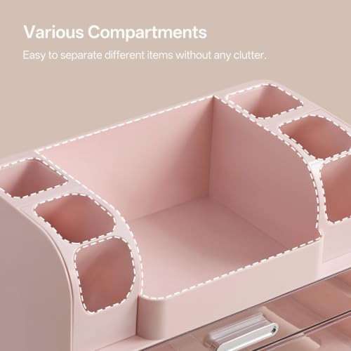 HBlife Desk Organizer with Pencil Pen Holder for Desk, Pen Organizer with 2 Drawers, Desk Organizers and Accessories with Compartments, Desktop Storage for Office, Home, School, Art Supplies, Pink