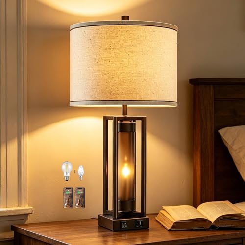 Rustic Farmhouse Table Lamps for Living Room with USB C+A Ports