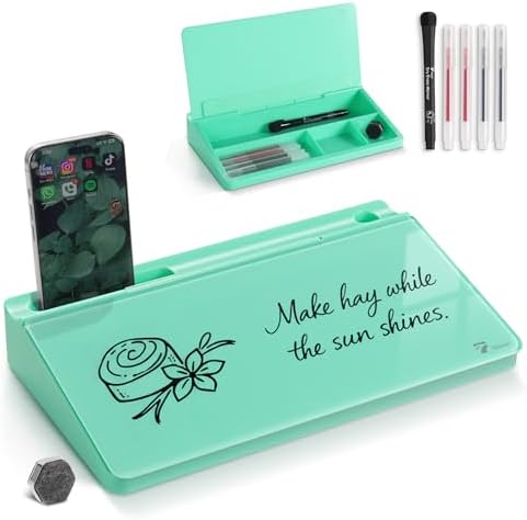 TOWON Compact Glass Desktop Whiteboard with Storage 12x7 in, Mint Green
