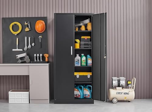 Guizeeopo Metal Storage Cabinet with Adjustable Shelves, Garage Storage Cabinets with Doors and Shelves, File Cabinets for Home Office, Kitchen Pantry Cabinet, 71'H, Black