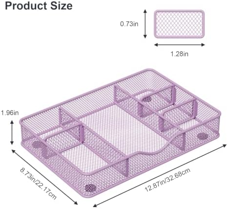 VyGrow Desk Drawer Organizer Tray, Metal Mesh Drawer Organizers Office, 6 Adjustable Compartment, Desk Organizer Tray for Home Office 12.87L x 8.73D x 1.96H inch, Black, 1PC Medium, Purple