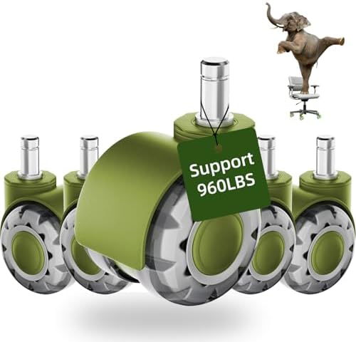 2 Inch Office Chair Wheels, 7/16" Universal Stem, Green, 5 Pack