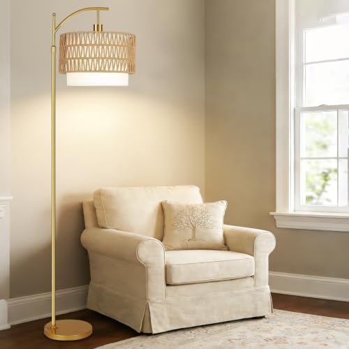 Gold Floor Lamps for Living Room Rattan Boho Floor Lamp with Remote Control & 3 Color Temperature, Dimmable Arc Floor Lamps Wicker Lamp Shades Brass Standing Lamp Tall Floor Lamp For Bedroom Corner