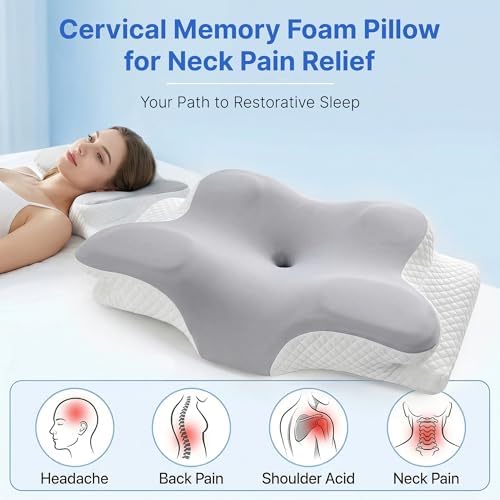 Cervical Pillow for Neck Pain Relief, Orthopedic Memory Foam Pillow with Cooling Cover, Contour Ergonomic Support for Side Back Stomach Sleepers (Grey)