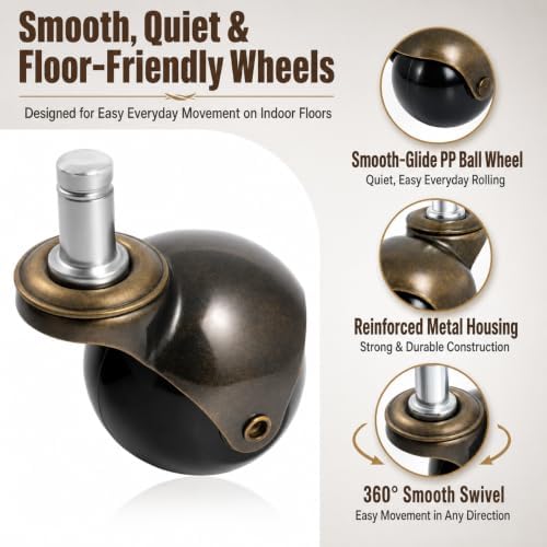 2 Inch Brass Caster Wheels, 5 Pack Antique Ball Casters, 7/16" × 7/8" Stem