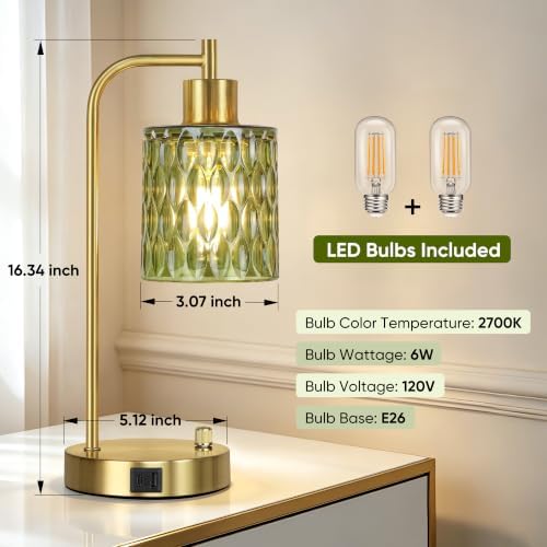 Table Lamps Set of 2, Green Glass Dimmable Bedside Lamps for Living Room
