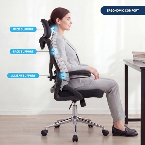 Mesh Home Office Desk Chair with Flip-Up Arms, Headrest & Lumbar Support