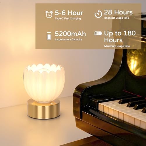 Shenmoyl Cordless Small Table Lamp with 5200mAh Battery & Touch Control, Battery Operated Tulip Table Lamp with 3 Colors, Rechargeable Mini Table Lamps for Bedsides, Bedroom, Nightstand (White)