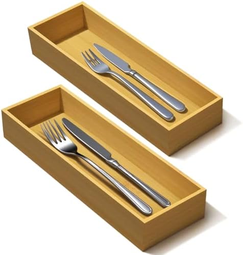 guiogc Bamboo Drawer Silverware Organizer, Silverware Tray, Flatware Organizer, Bamboo Storage Box Suitable for Office, Bathroom and other objects storage (9.85"x3.55"x1.78"- Set of 2)