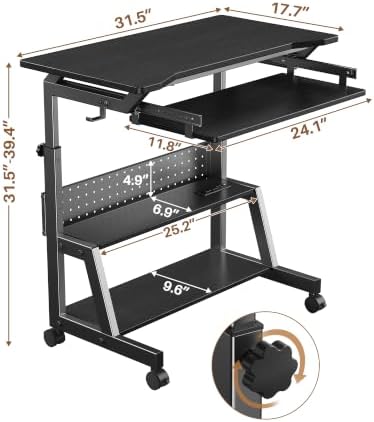 Rolling Computer Desk with Power Outlet, Adjustable Height Portable Desk