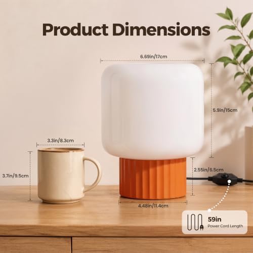 VOLISUN Mushroom Lamp, Plug-in Table Lamp with White Glass Shade, 2700K Warm White & Stepless Dimming, Modern Bedside Lamp for Bedroom, Living Room and Home Decor, 1 Pack (Orange)