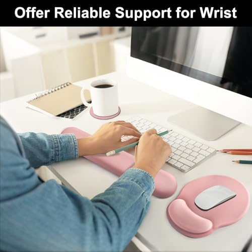 Keyboard Wrist Rest Mouse Pad with Wrist Support, Gaming Mousepad with Non-Slip Base, Ergonomic Mouse Wrist Arm Cushion Support for Home Office Laptop Computer, Easy Typing for Pain Relief, Pink