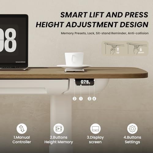 COLAMY Electric Adjustable Standing Desk – 48 x 28 Inch Sit Stand Desk with Drawer & Cable Management, Dual Motor Lift System, Ergonomic Footrest, Home Office Table (MFC Desktop, Walnut + White)