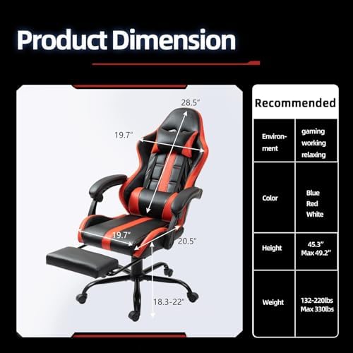 Gaming Chair with Ergonomic Footrest & Massage Lumbar Support, Red