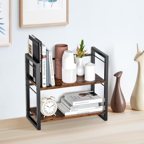 Office Desk Shelf Organizer, Wood Desktop Bookshelf Supplies Storage Rack, Shelf for Top of Desk and Dresser (Brown-2 Tier)