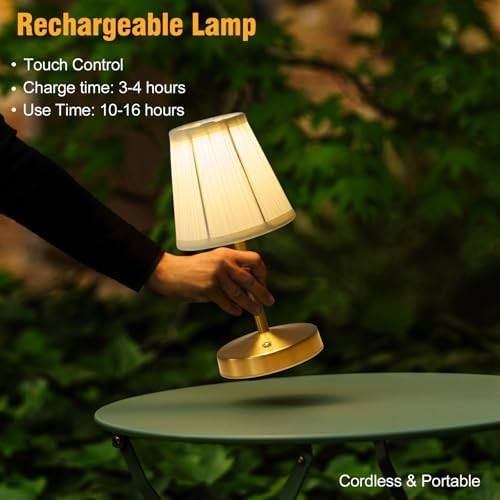 Cordless Mini Lamps Gold,3000 mah Battery Operated Lamp,3 Color Temperature Dimmable Table Lamp,Small Rechargeable Table Lamp Fabric,Aesthetic Small kitchen Lamp for Counter,Dinner (Gold,2 Pack)