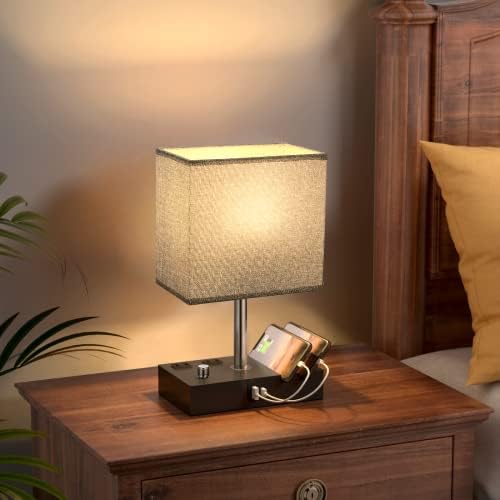Bedside Table Lamp for Bedroom Nightstand - Stepless Dimmable, 2 AC Outlets