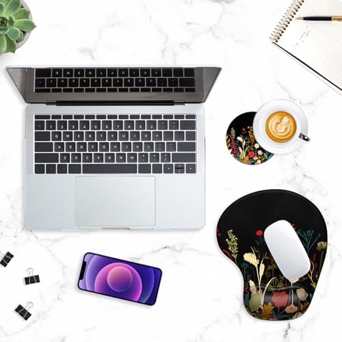 ITNRSIIET Ergonomic Mouse Pad Coaster Set with Gel Wrist Support Wrist Rest Smooth Surface Non-Slip PU Base Comfortable Office Supplies Pain Relief, 9.5 x 8.3 inches, Pretty Flowers Plants
