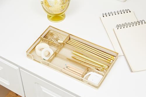 Annova Desk Drawer Organizer Tray for Office Organization - Metal Mesh - Storage Tray with Dividers for Pens, Desktop Accessories, Bathroom, Kitchen, Makeup and Office Supplies (Small, Gold)