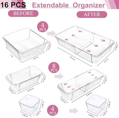 16 Pcs Upgraded Extendable Clear Drawer Organizer, Adjustable Vanity Storage Box, 3-Size Desk Drawer Organizer, Durable Storage Bins for Makeup, Cosmetic, Bedroom Dressers Tool Organizer for Gadgets