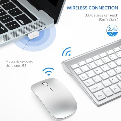 Wireless Keyboard and Mouse Ultra Slim Combo, TopMate - Silver White