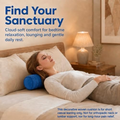 Soft Cylinder Lumbar Pillow, 15.7 x 5.9 Inch Hand-Woven Velvet Neck Roll Pillow, Polyester Fiber Filled for Neck Back Leg Relaxation, Decorative Throw for Couch Sofa Bed Office(Blue)