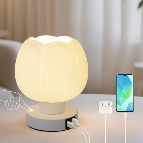 Touch Bedside Lamp wtih USB C+A Charging Ports,Tulip Flower Lamp