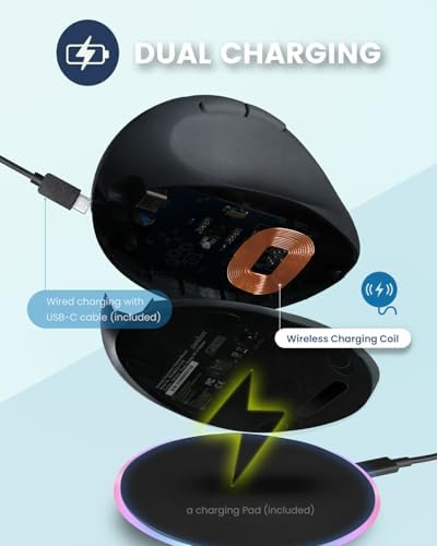 Perixx PERIMICE-719RX Wireless 2.4G Rechargeable Ergonomic Mouse - Duo Wired and Cordless Charging Feature - Wireless Charger Included - Black