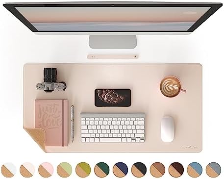 RENMTURE Dual-Sided Mouse Pad, Natural Cork & PU Leather Large Desk Pad for Office and Home Work, Desk Protector Non-Slip, Waterproof, Easy Clean (Apricot, 32"x16")