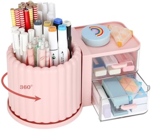 LETURE Rotating Office Desk Organizers and Accessories with 2 Drawer, Pencil Pen Marker Holder for Desk, Desktop Storage Organizers and Accessories for Office Home Art Supplies (Pink)
