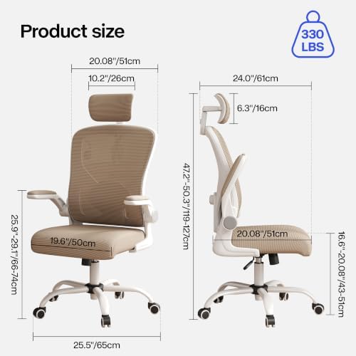 Office Chair, Ergonomic Desk Chair with Adjustable Lumbar Support, High Back Mesh Computer Chair and Headrest, Comfortable Gaming Chairs Rolling Swivel Task Chairs Flip-up Arms(Khaki)