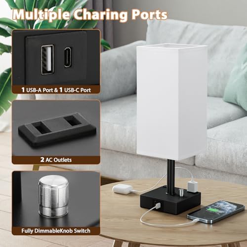 White Bedside Table Lamps Set of 2 - Dimmable, USB C+A, 2 AC Outlets